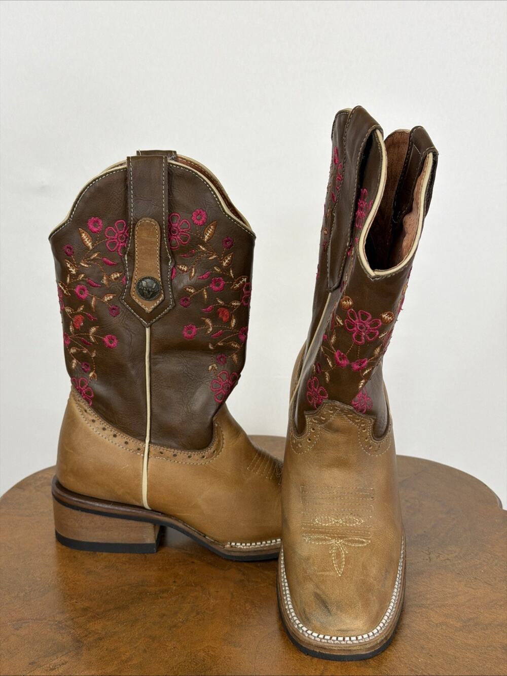 Verthali Brown Leather Western Boots Pink Floral Embroidery Women's 5.5 Mexico